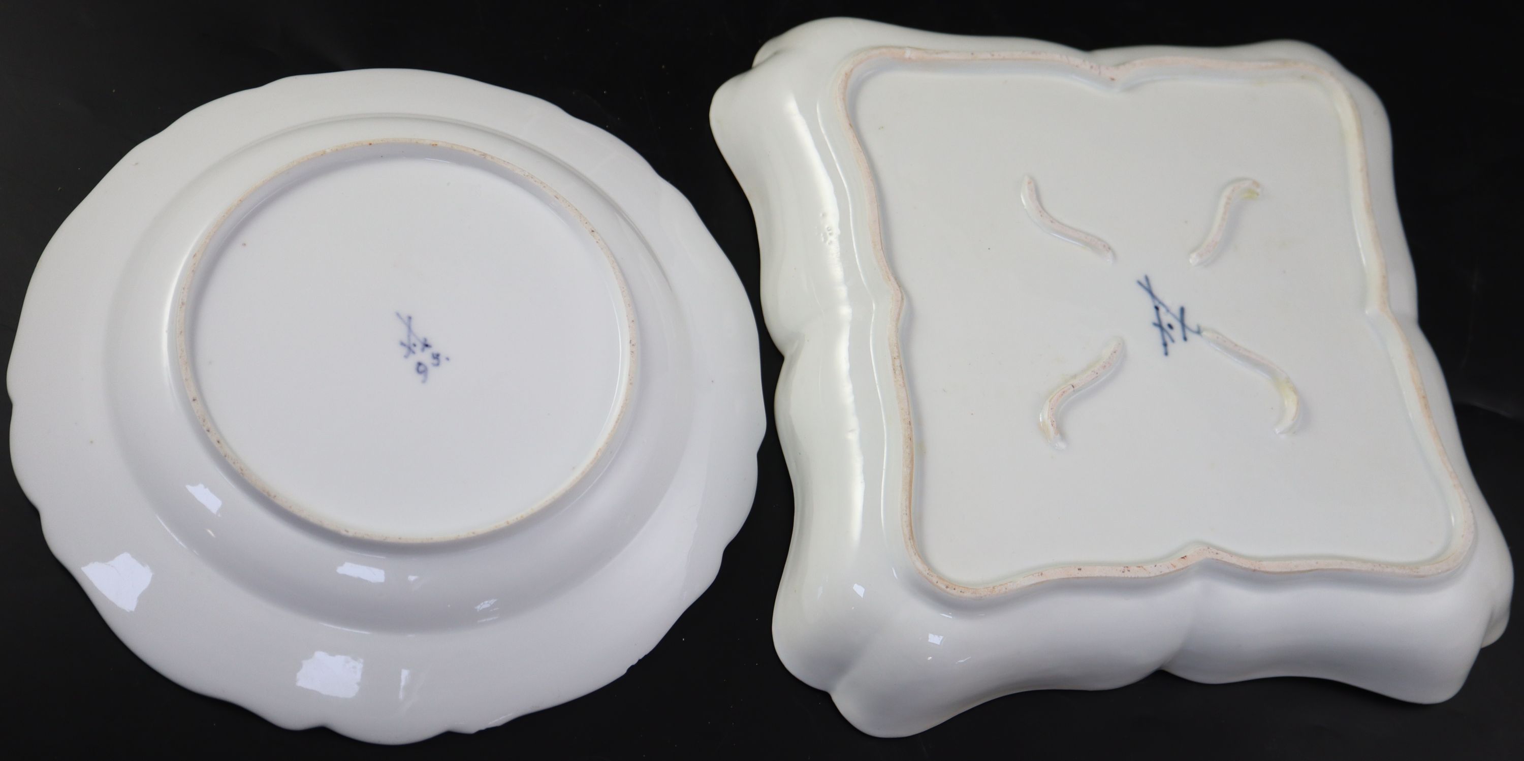 Two Meissen dishes,A Meissen square shaped dish, 26cm and 23.5cm